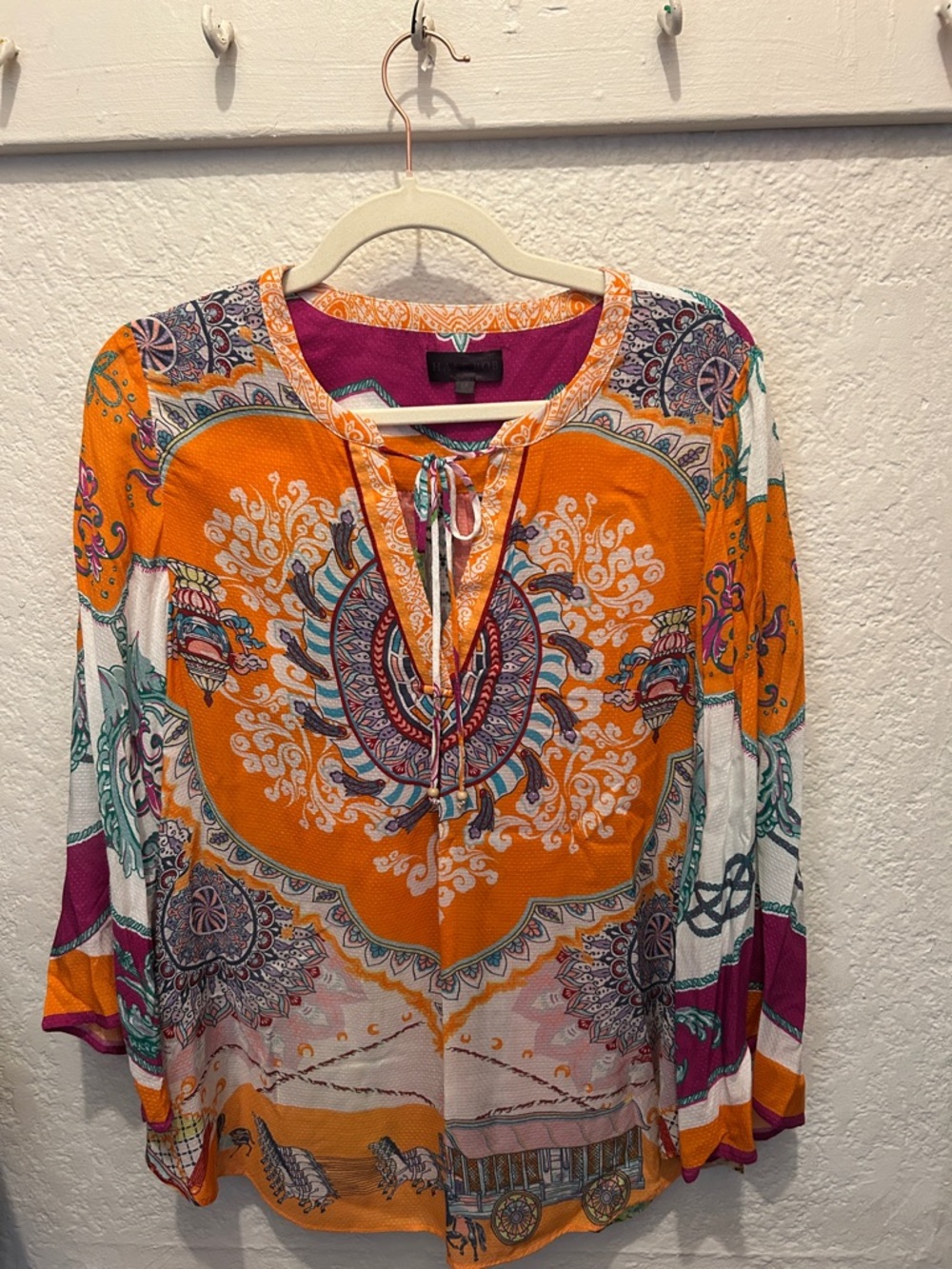 Hale Bob Orange Paisley Tie-Neck Tunic with Purple Accents